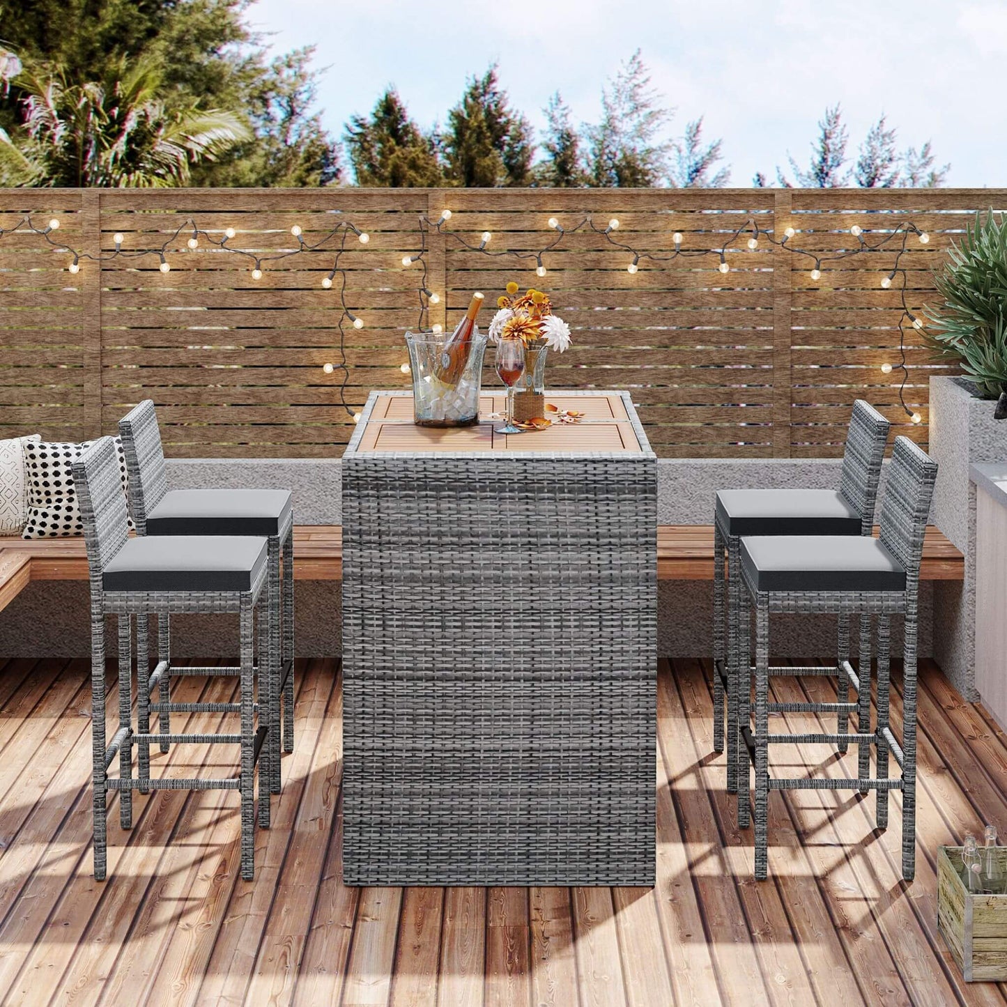 Alora 5-Piece Wicker Patio Bar Set with Cushions & Acacia Table