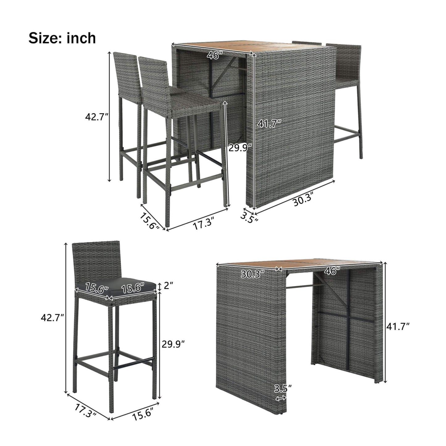 Alora 5-Piece Wicker Patio Bar Set with Cushions & Acacia Table