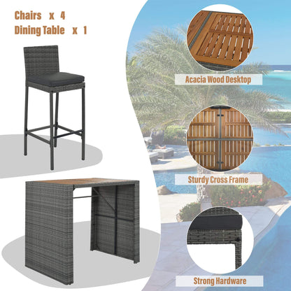 Alora 5-Piece Wicker Patio Bar Set with Cushions & Acacia Table