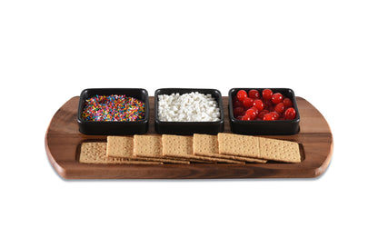 Charcuterie Board Serving Tray with 3 Black Square Ceramic Bowls
