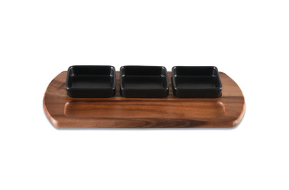 Charcuterie Board Serving Tray with 3 Black Square Ceramic Bowls