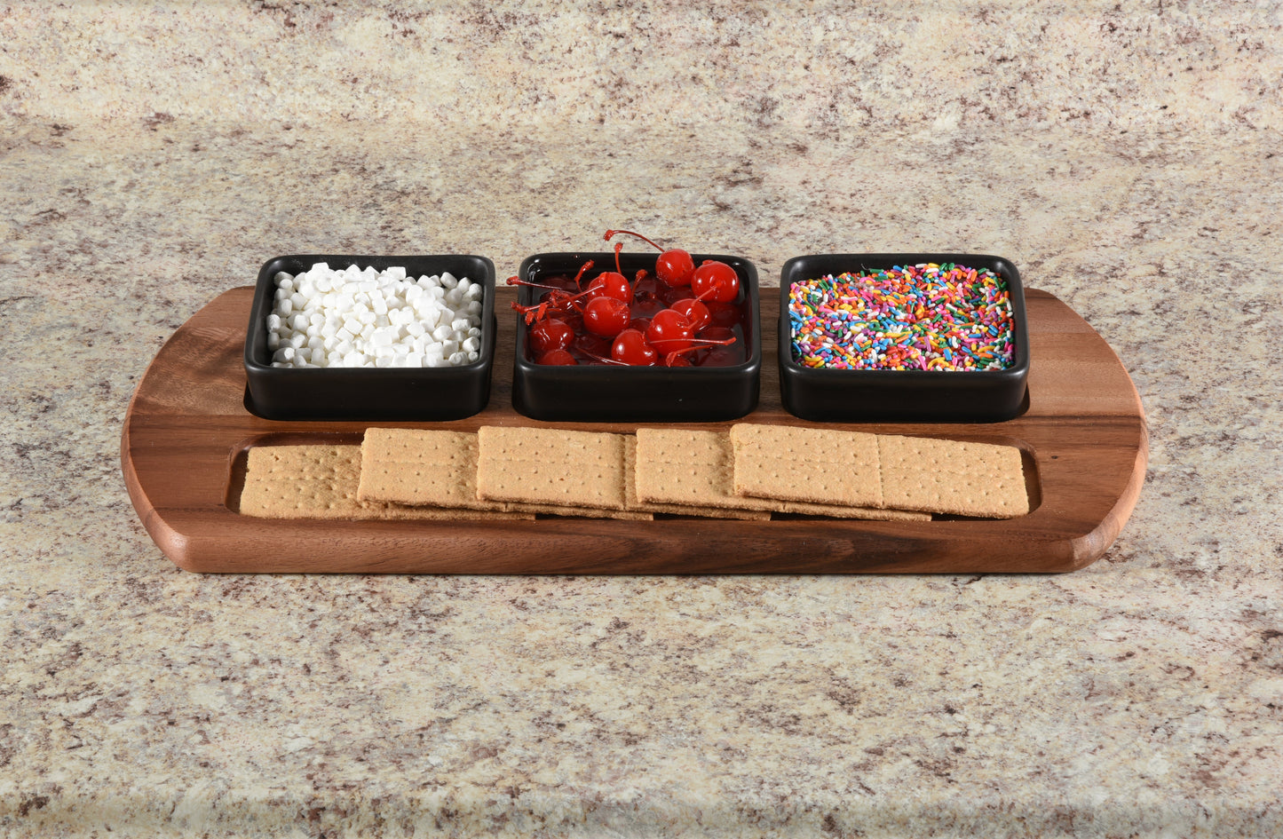 Charcuterie Board Serving Tray with 3 Black Square Ceramic Bowls