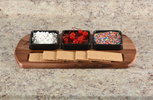 Charcuterie Board Serving Tray with 3 Black Square Ceramic Bowls