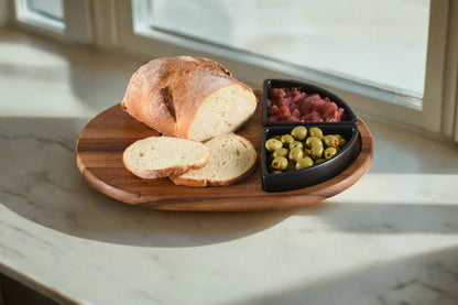 Charcuterie Board Serving Tray with 2 Black Triangular Ceramic Bowls