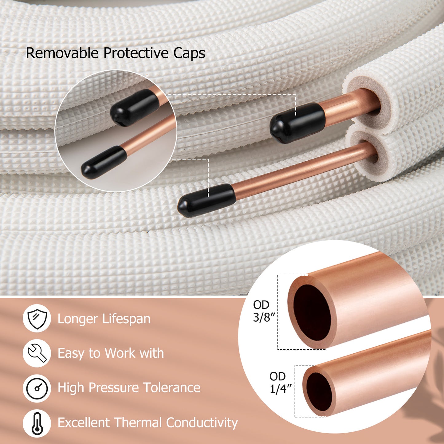 50 Feet Mini Split Line Set with 1/4 Inch and 3/8 Inch O.D. Copper Pipes Tubing