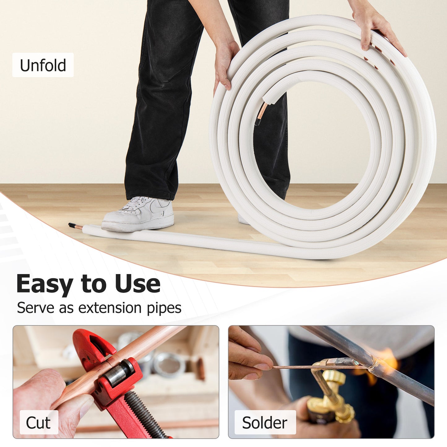 50 Feet Mini Split Line Set with 1/4 Inch and 3/8 Inch O.D. Copper Pipes Tubing