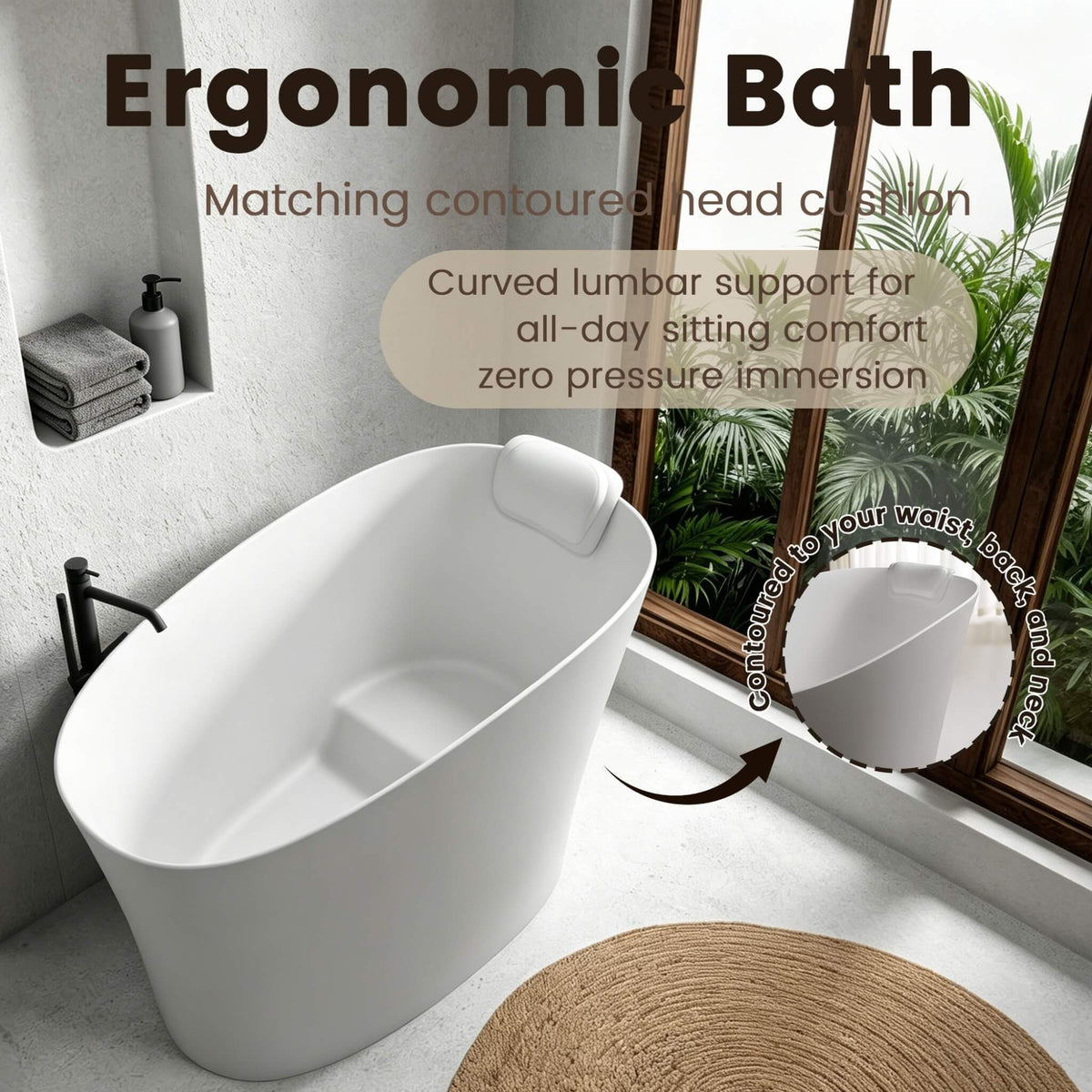 Nuvia 51-Inch Solid Surface Oval Freestanding Bathtub with Seat and Headrest
