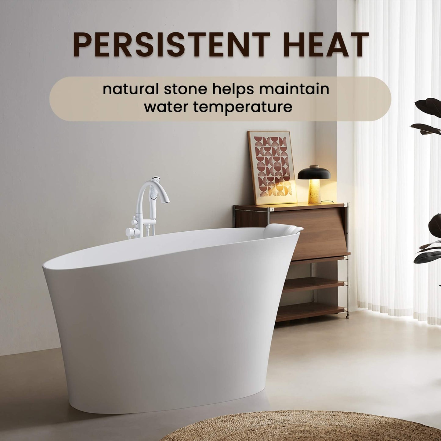 Nuvia 51-Inch Solid Surface Oval Freestanding Bathtub with Seat and Headrest