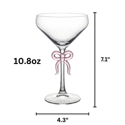 Single Clear Martini Glass with Pink Bow on Stem, One Piece