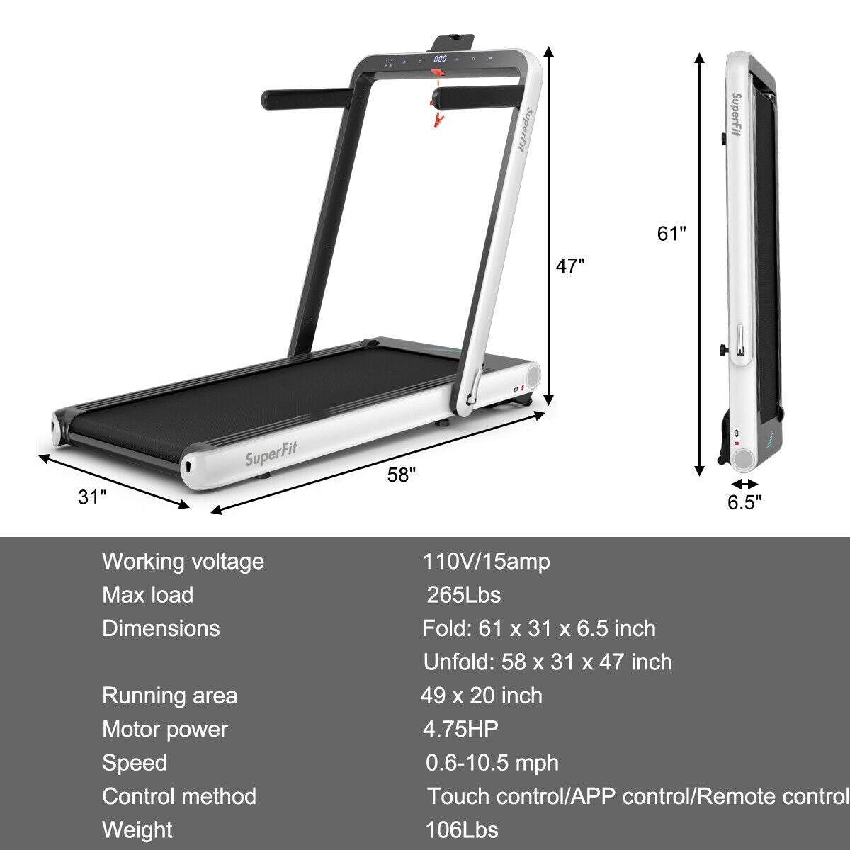 4.75HP 2 In 1 Folding Treadmill with Remote APP Control