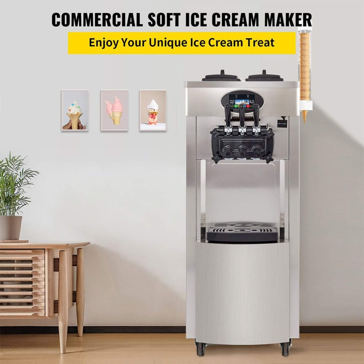 53" Freestanding 3-Flavors Commercial Soft Serve Yogurt Ice Cream Machine Maker With Auto Clean
