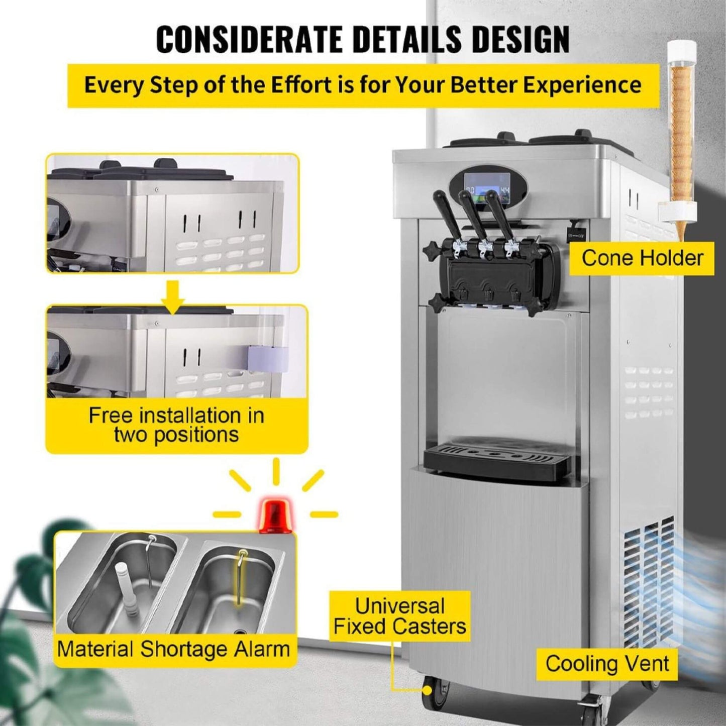 53" Freestanding 3-Flavors Commercial Soft Serve Yogurt Ice Cream Machine Maker With Auto Clean