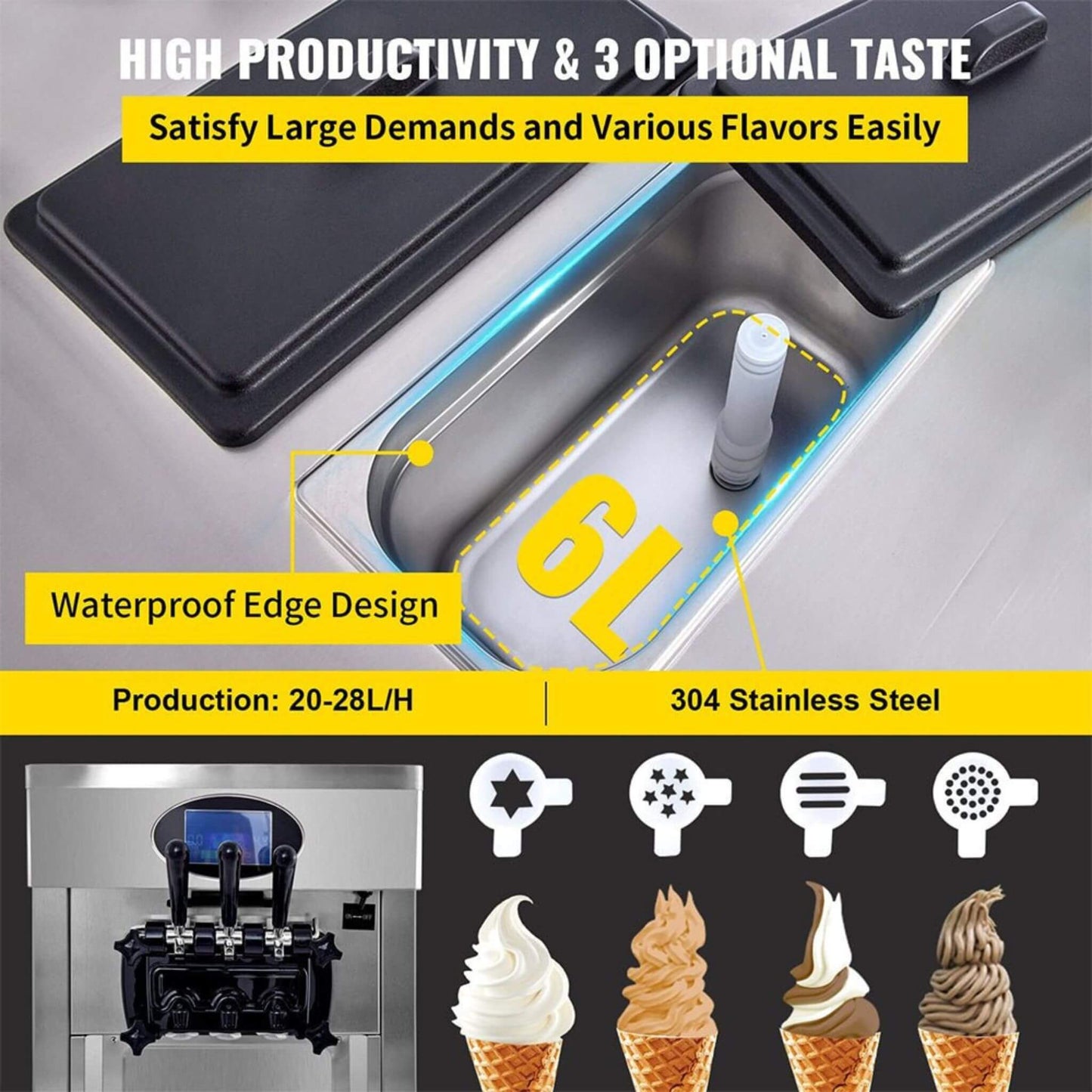 53" Freestanding 3-Flavors Commercial Soft Serve Yogurt Ice Cream Machine Maker With Auto Clean