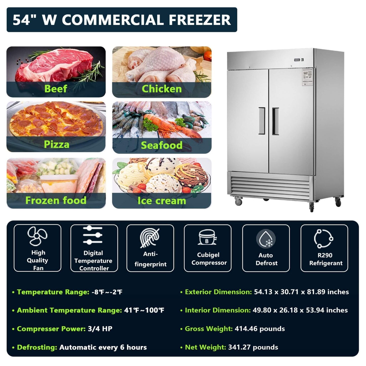 54-Inch 42.2 Cu.Ft Commercial Stainless Steel 2-Section Upright Reach-In Freezer