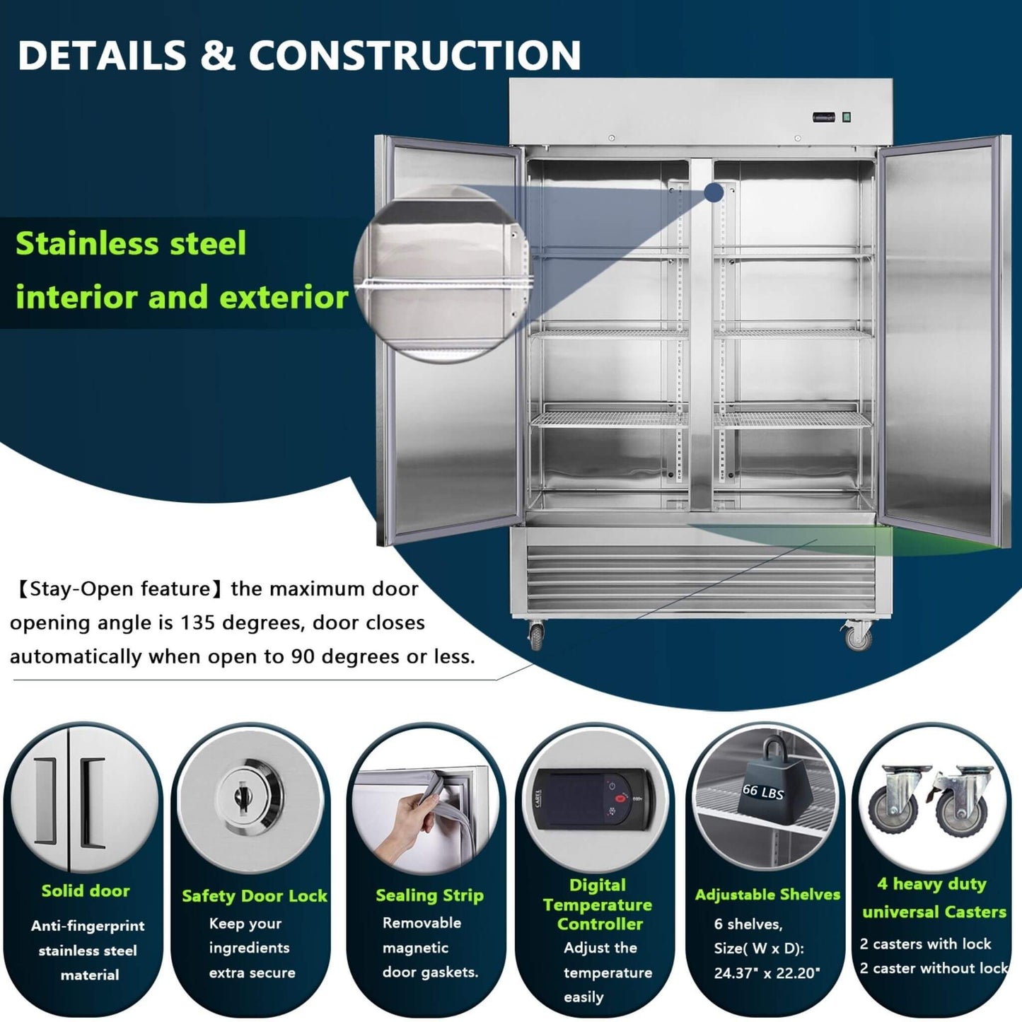 54-Inch 42.2 Cu.Ft Commercial Stainless Steel 2-Section Upright Reach-In Freezer