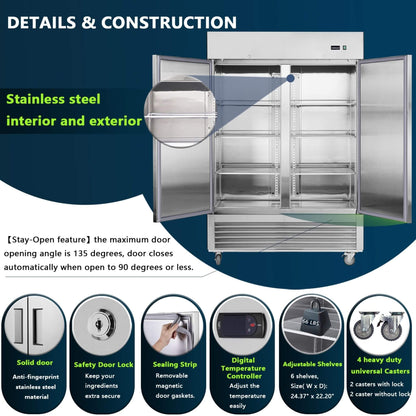 54-Inch 42.2 Cu.Ft Commercial Stainless Steel 2-Section Upright Reach-In Freezer
