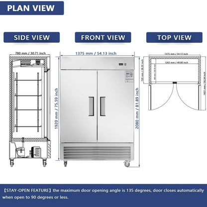 54-Inch 42.2 Cu.Ft Commercial Stainless Steel 2-Section Upright Reach-In Freezer