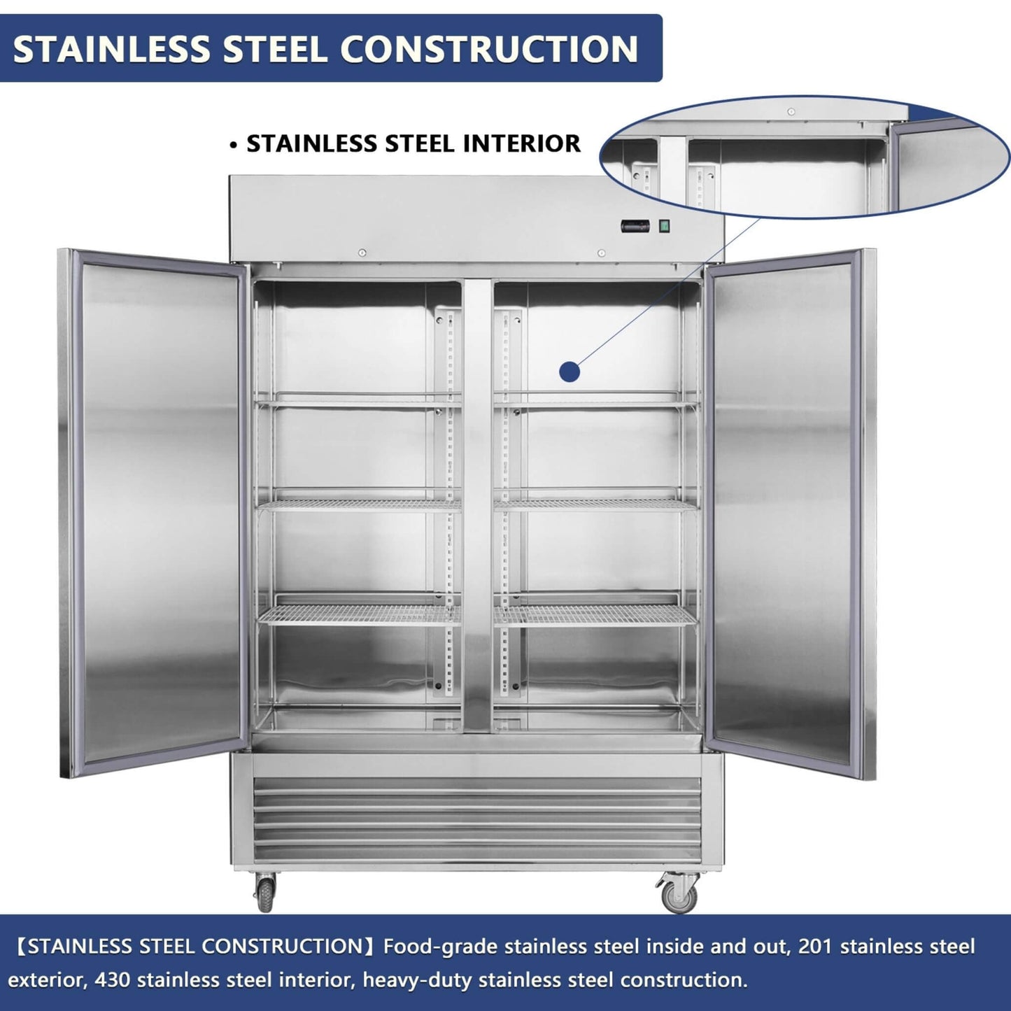 54-Inch 42.2 Cu.Ft Commercial Stainless Steel 2-Section Upright Reach-In Freezer