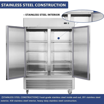 54-Inch 42.2 Cu.Ft Commercial Stainless Steel 2-Section Upright Reach-In Freezer