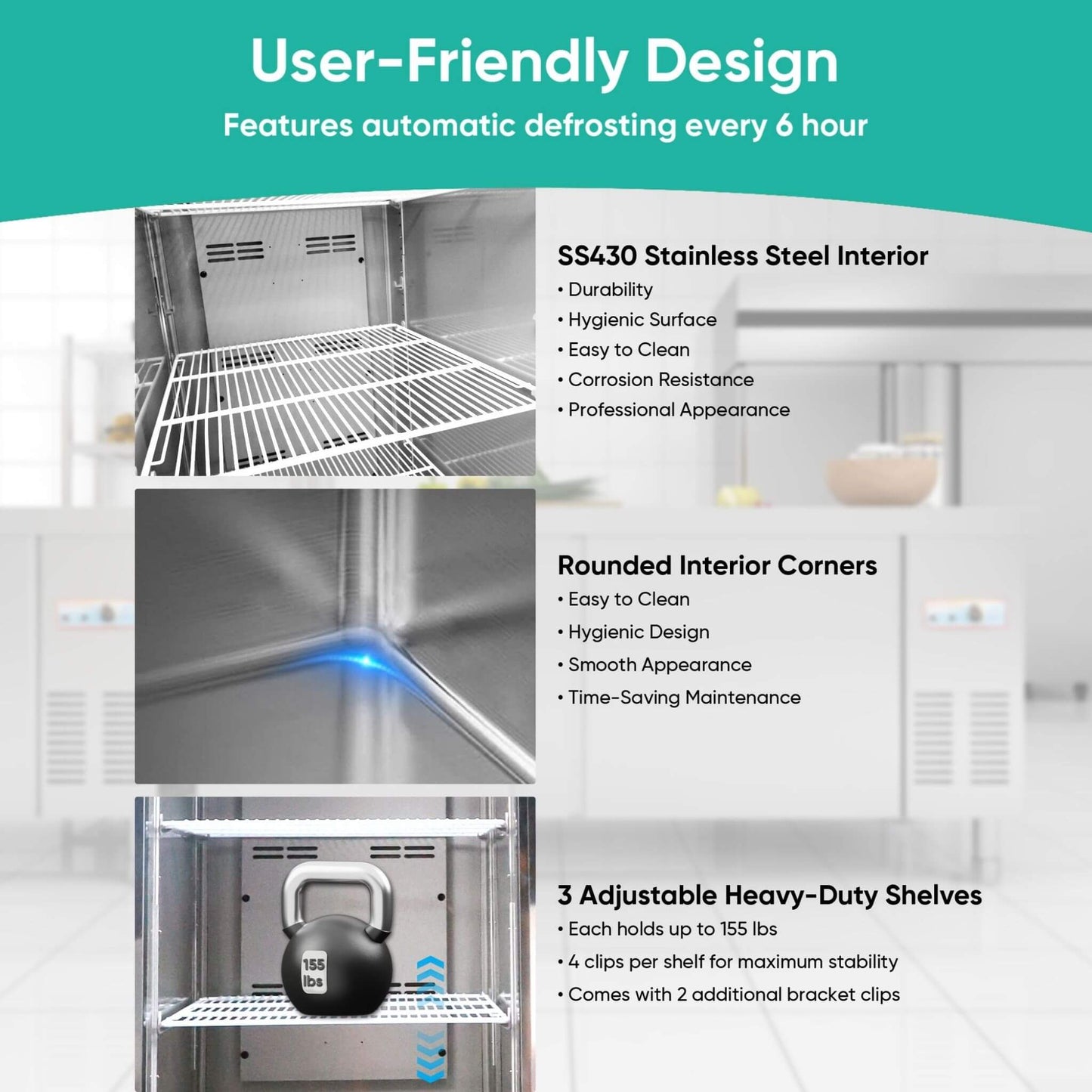 54-Inch 49 Cu.Ft Commercial 6-Shelves Stainless Steel Reach-In Freezer
