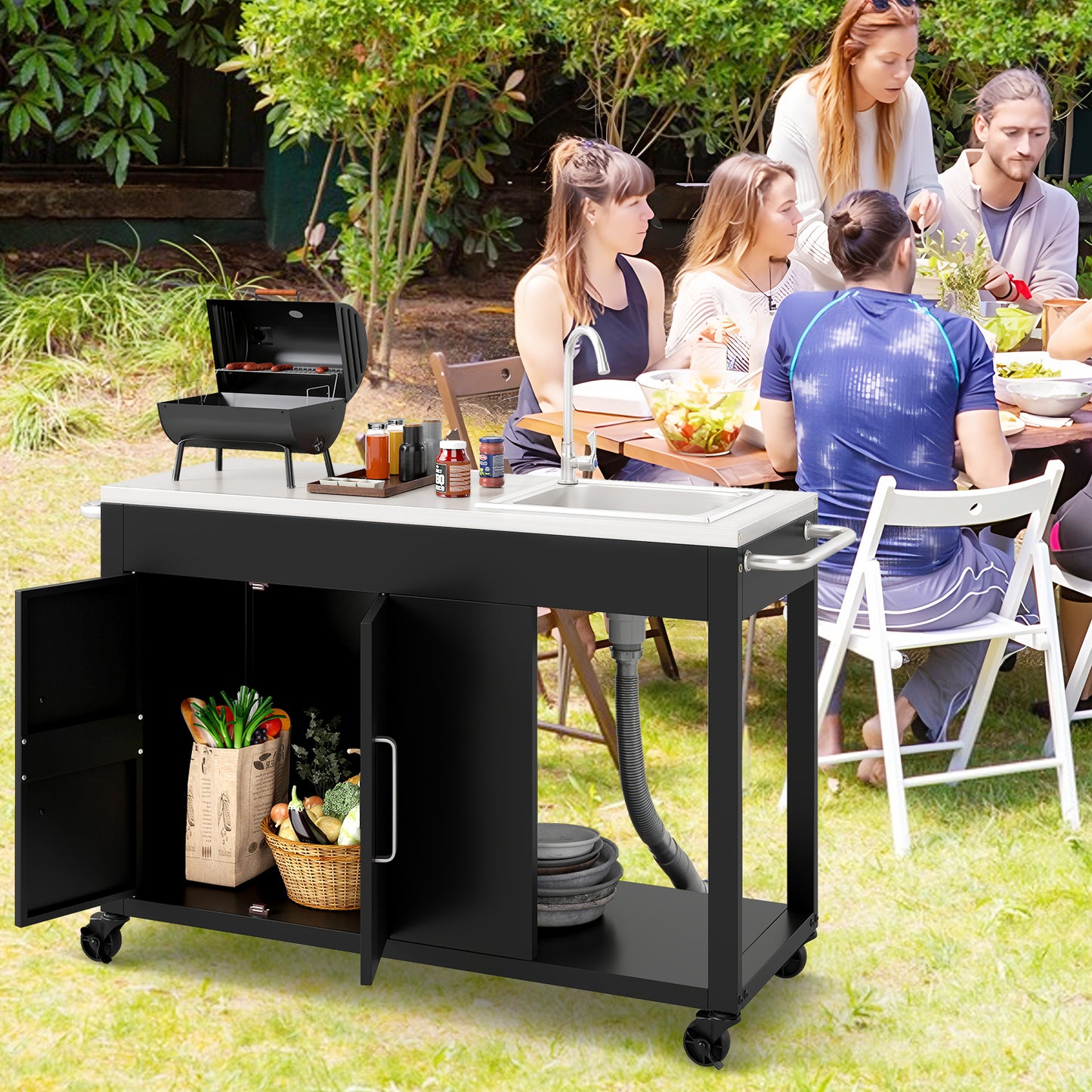 56 Inches Outdoor Grill Table with Sink and Stainless Steel Top