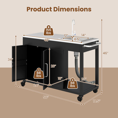 56 Inches Outdoor Grill Table with Sink and Stainless Steel Top