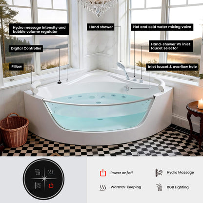 Alora Serenity 59-Inch 2-Person Acrylic Corner Whirlpool 16-Jet Hydro Massage Bathtub with Heater Rainbow Light