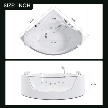 Alora Serenity 59-Inch 2-Person Acrylic Corner Whirlpool 16-Jet Hydro Massage Bathtub with Heater Rainbow Light