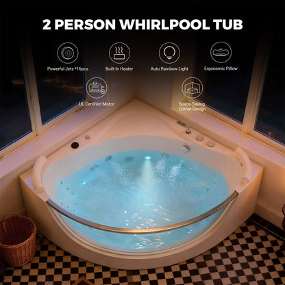 Alora Serenity 59-Inch 2-Person Acrylic Corner Whirlpool 16-Jet Hydro Massage Bathtub with Heater Rainbow Light