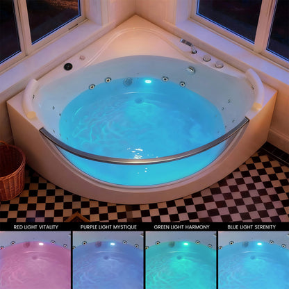Alora Serenity 59-Inch 2-Person Acrylic Corner Whirlpool 16-Jet Hydro Massage Bathtub with Heater Rainbow Light