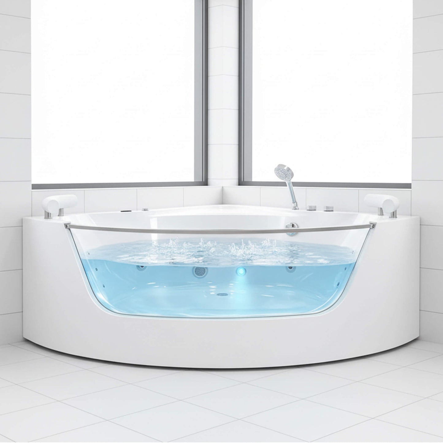 Alora Serenity 59-Inch 2-Person Acrylic Corner Whirlpool 16-Jet Hydro Massage Bathtub with Heater Rainbow Light