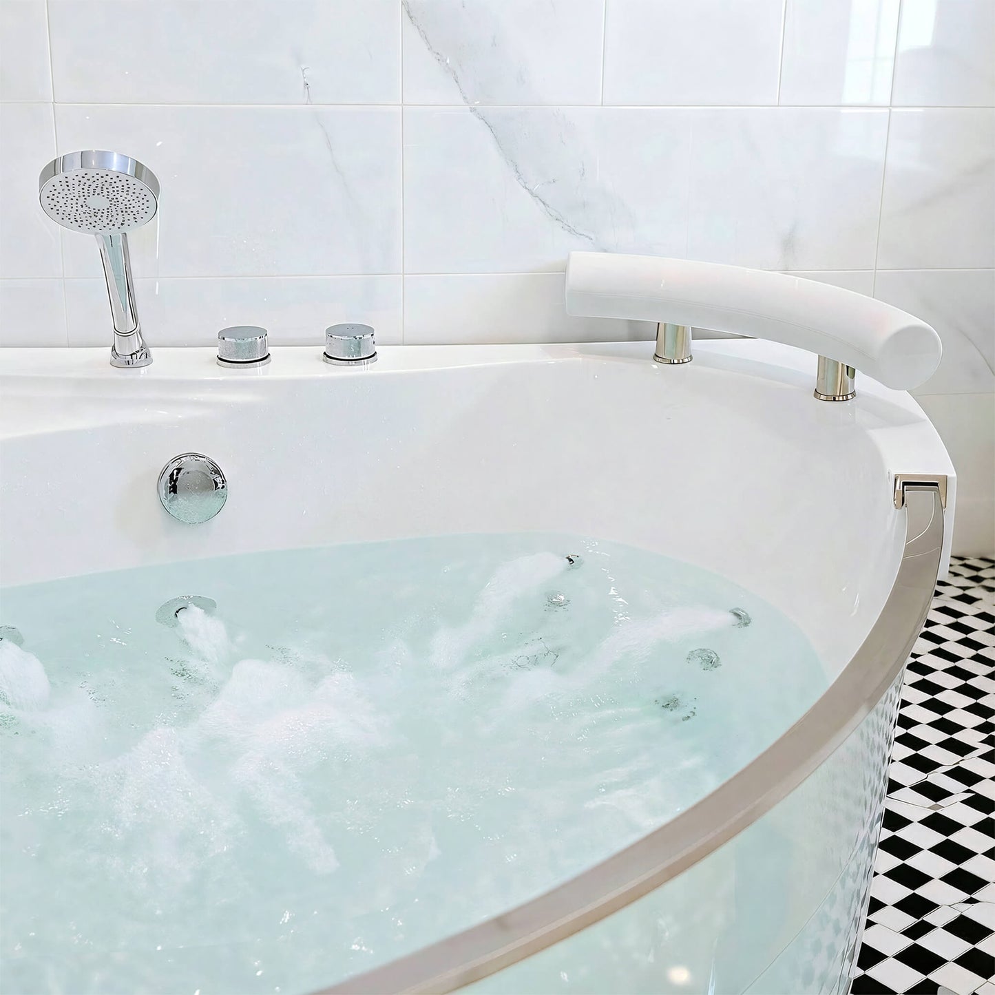 Alora Serenity 59-Inch 2-Person Acrylic Corner Whirlpool 16-Jet Hydro Massage Bathtub with Heater Rainbow Light