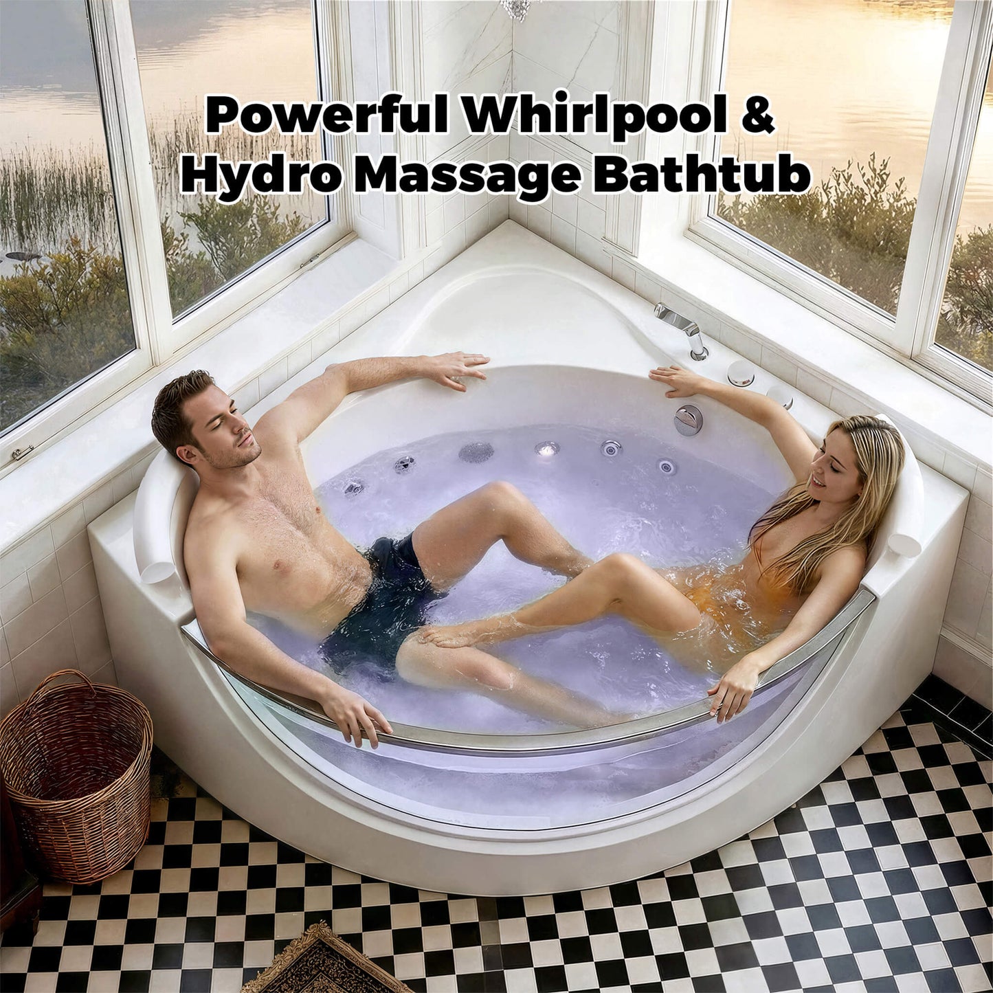 Alora Serenity 59-Inch 2-Person Acrylic Corner Whirlpool 16-Jet Hydro Massage Bathtub with Heater Rainbow Light
