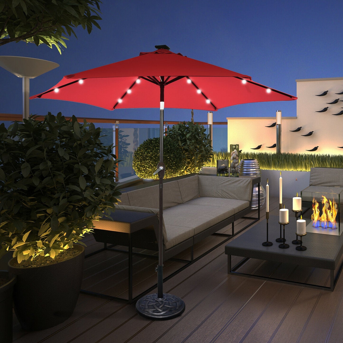 9 Feet Solar LED Lighted Patio Market Umbrella Tilt Adjustment Crank Lift-Beige