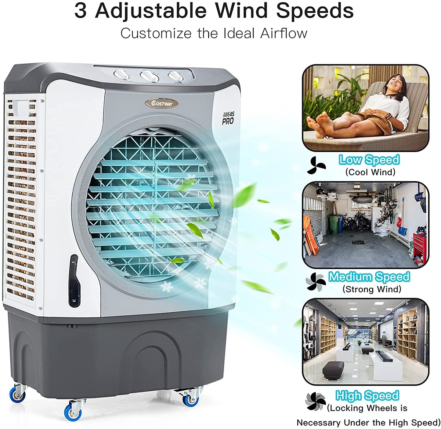 4-in-1 Industrial Evaporative Air Cooler Fan with 12 Gallon Tank and Wheels