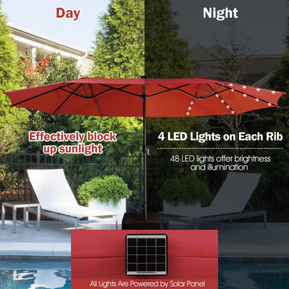 15 Feet Twin Patio Umbrella with 48 Solar LED Lights