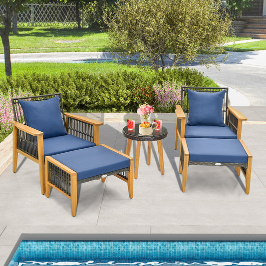 5 Piece Patio Furniture Set with Coffee Table and 2 Ottomans - Navy