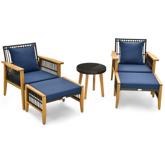 5 Piece Patio Furniture Set with Coffee Table and 2 Ottomans - Navy