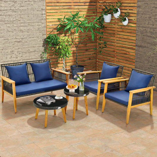 5 Piece Outdoor Conversation Set with 2 Coffee Tables for Backyard Poolside - Navy