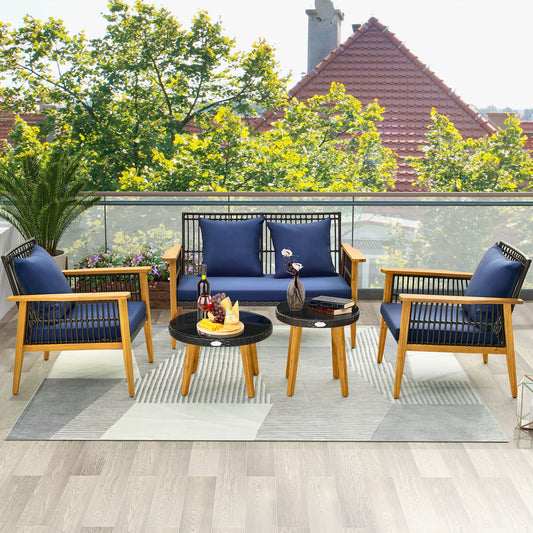 5 Piece Outdoor Conversation Set with 2 Coffee Tables for Backyard Poolside - Navy