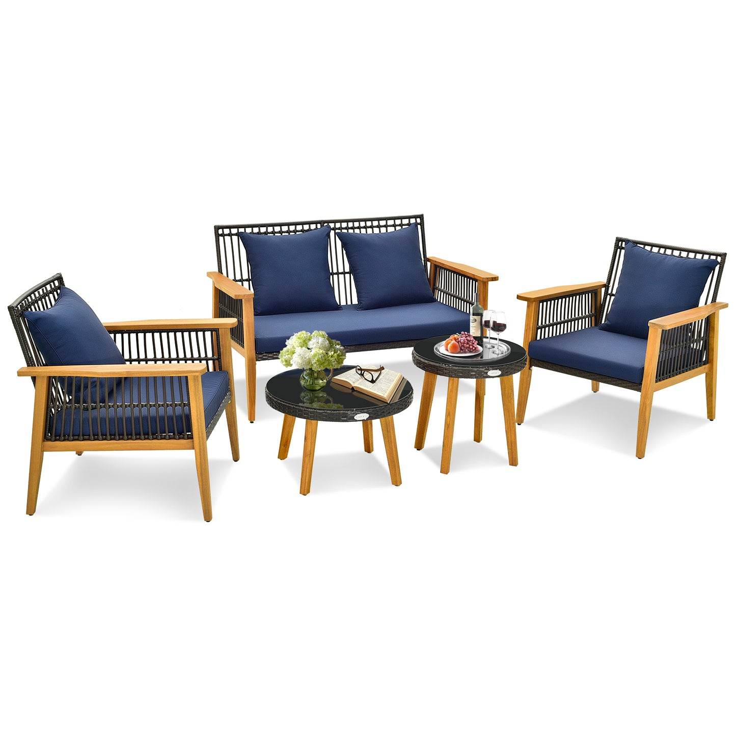 5 Piece Outdoor Conversation Set with 2 Coffee Tables for Backyard Poolside - Navy