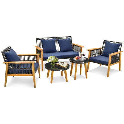 5 Piece Outdoor Conversation Set with 2 Coffee Tables for Backyard Poolside - Navy