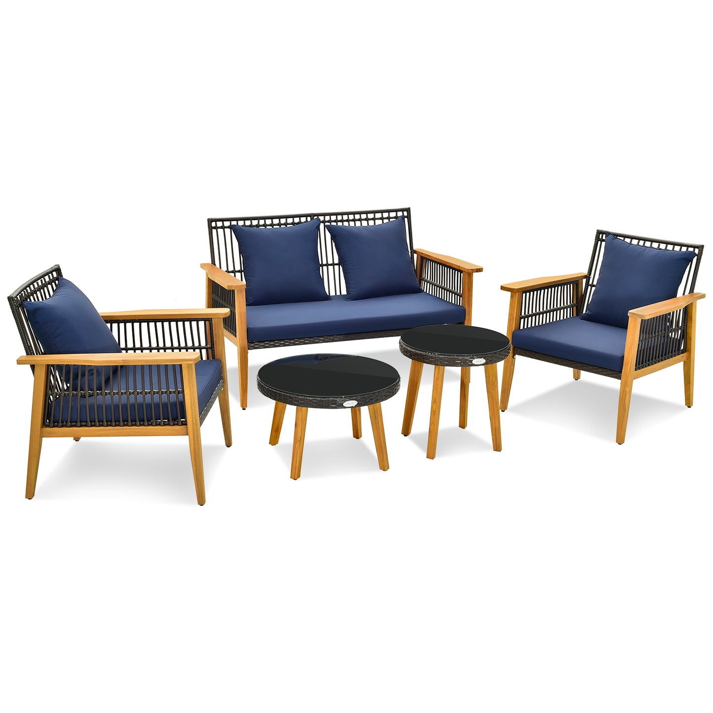 5 Piece Outdoor Conversation Set with 2 Coffee Tables for Backyard Poolside - Navy