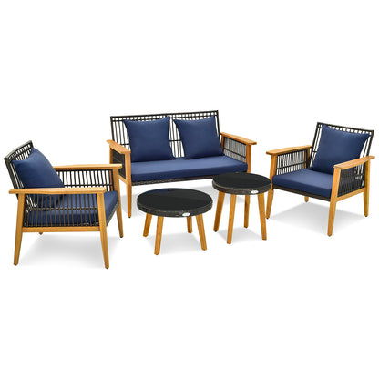 5 Piece Outdoor Conversation Set with 2 Coffee Tables for Backyard Poolside - Navy