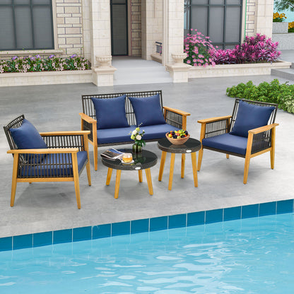 5 Piece Outdoor Conversation Set with 2 Coffee Tables for Backyard Poolside - Navy