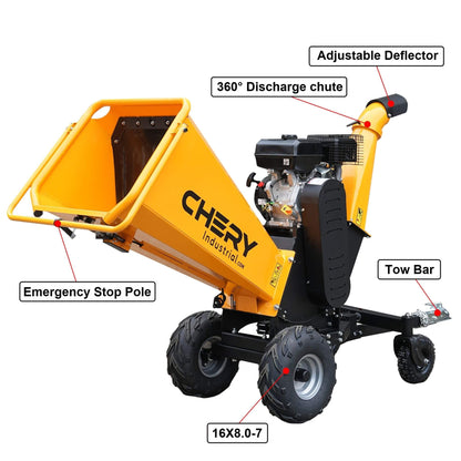 Heavy-Duty 6-Inch 420CC 15HP Gas Wood Chipper Shredder Mulcher with Tow Bar & Safety Stop Bar