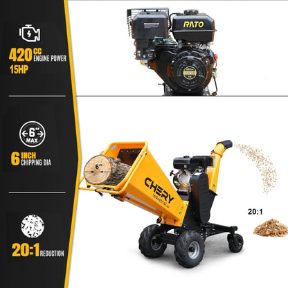 Heavy-Duty 6-Inch 420CC 15HP Gas Wood Chipper Shredder Mulcher with Tow Bar & Safety Stop Bar