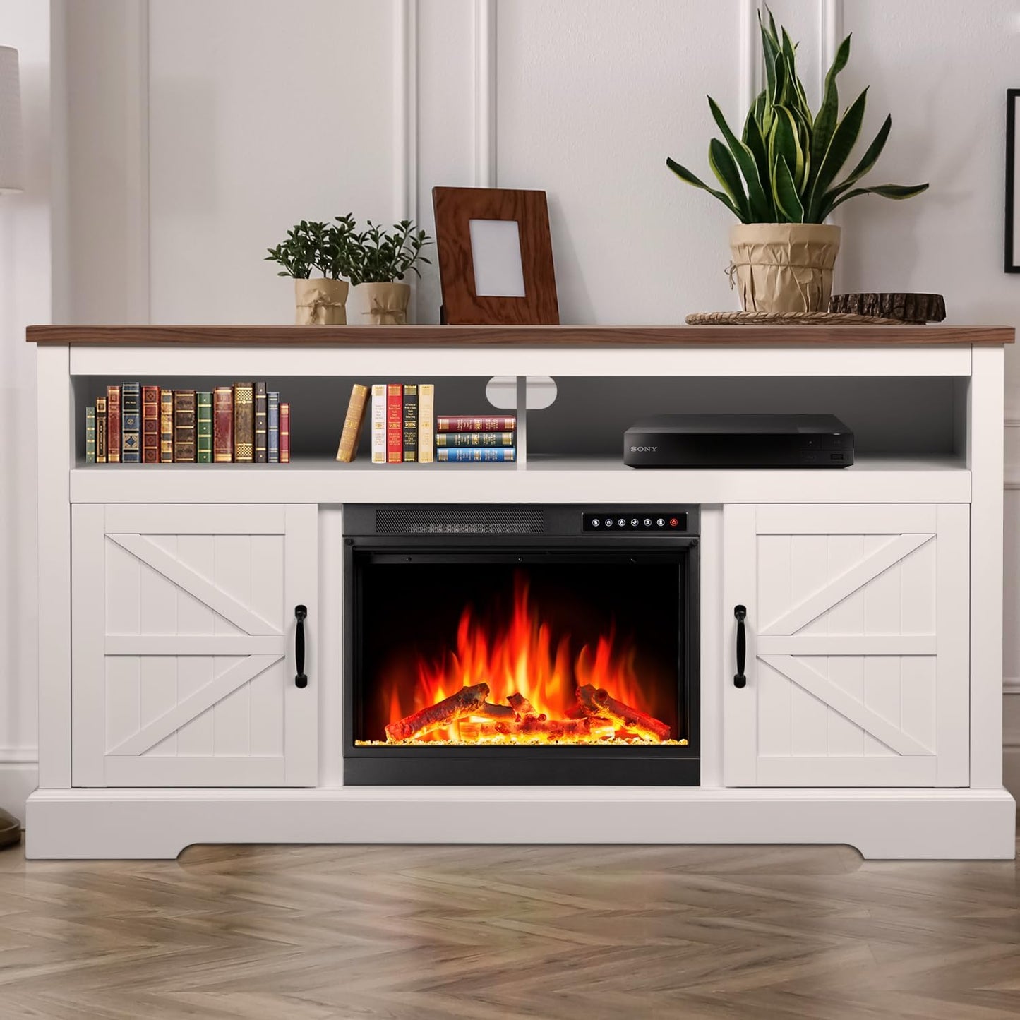 60" Fireplace TV Stand with Freestanding Electric Fireplace & Wooden Storage Cabinet