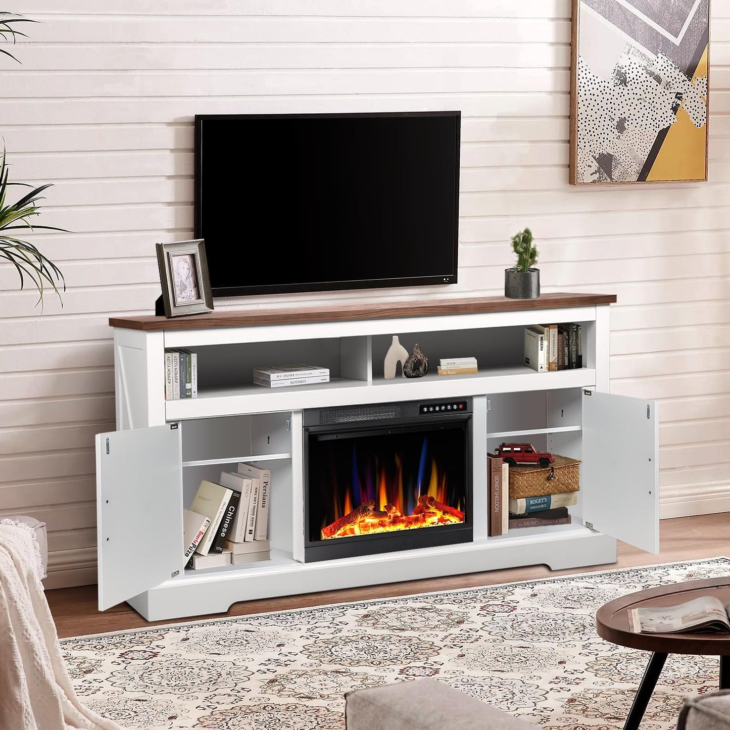 60" Fireplace TV Stand with Freestanding Electric Fireplace & Wooden Storage Cabinet