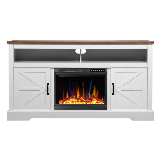 60" Fireplace TV Stand with Freestanding Electric Fireplace & Wooden Storage Cabinet